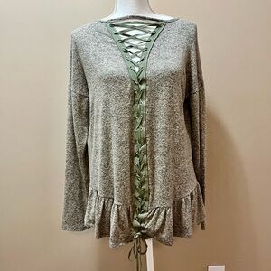 Lazy Sundays Lace Tie Up Long Sleeve Gray Blouse Size Medium